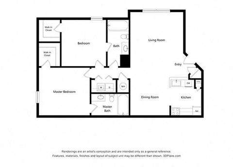 Floor plan for 2 beds, 2 baths, 945 sqft